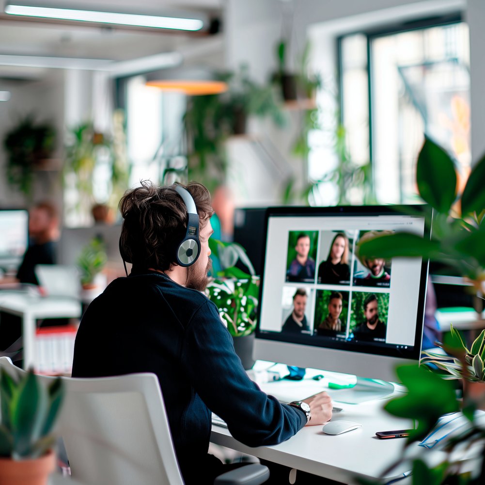 man-sits-desk-with-monitor-that-says-company